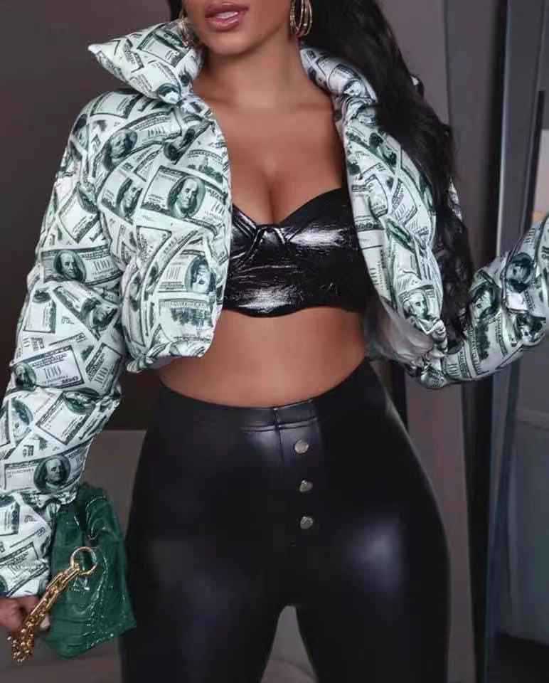 Street-wave Dollar Print Cropped Puffer Jacket For Women Bold Trendy Style With Cozy Warmth