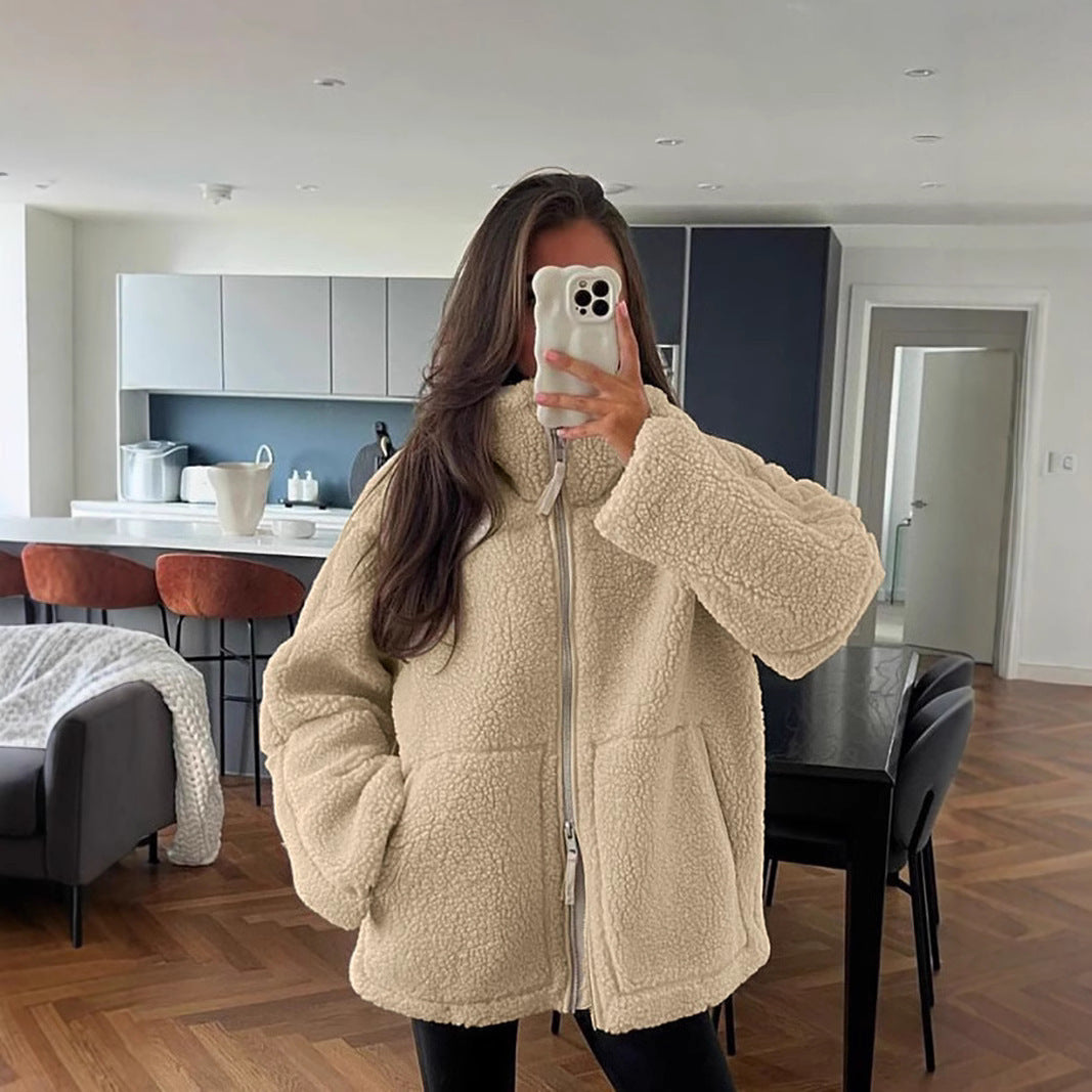 Street-wave Women Fleece Jacket With High Collar And Cozy Pockets For Warm Winter Days