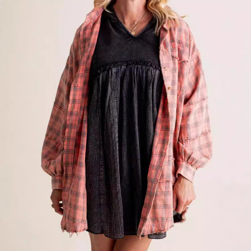 Street-wave Women's Casual Carrot Jacket With Wide Sleeves Plaid Flannel Shacket For Everyday Style