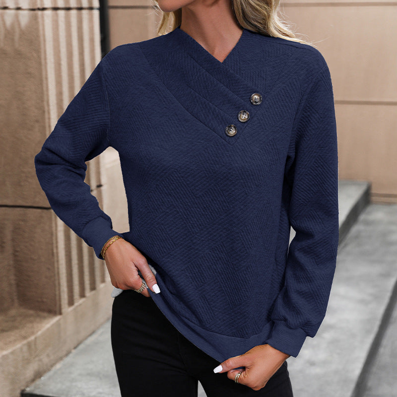 Street-wave Womens Elegant Pullover With Asymmetric Neckline And Button Details For Chic Comfort