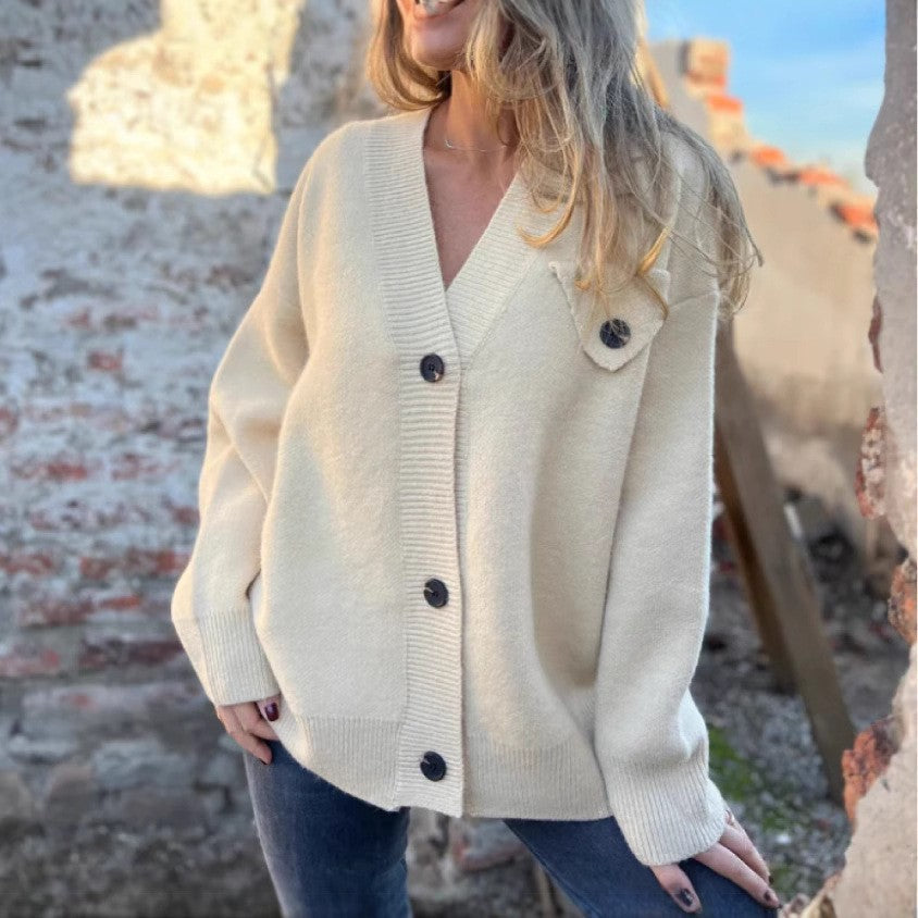 Street-wave Women's Relaxed Knit Cardigan With Asymmetric Cut And Button Details For Everyday Chic