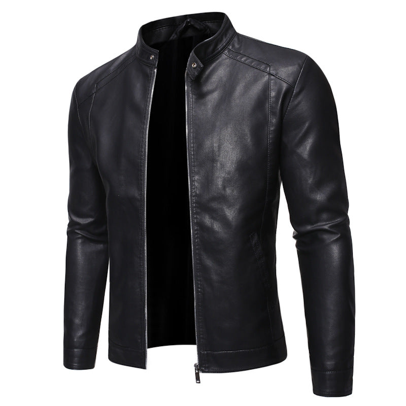 Street Wave Men's Leather Jacket With Modern Stand Collar And Smooth Finish For Style Conscious Men