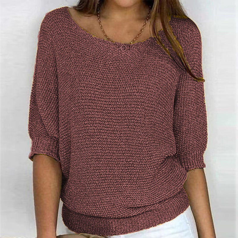 Street-wave Solid Color Knit Pullover for Women with Three-Quarter Sleeves, Cotton-Acrylic Blend