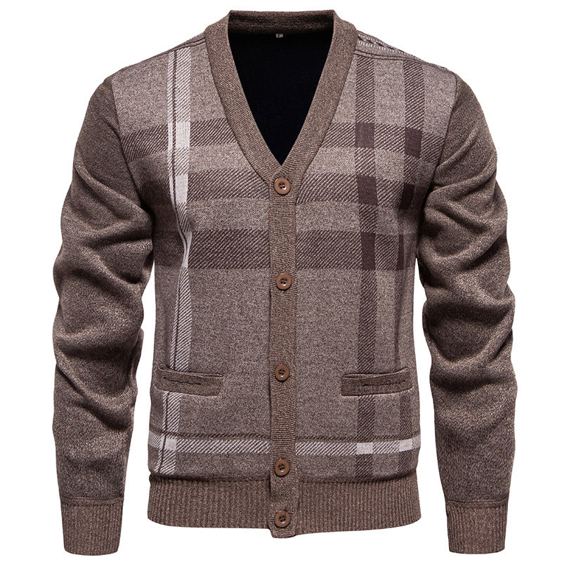 Street-wave Men's Knit Cardigan With Classic Plaid Pattern For Everyday Style And Comfort