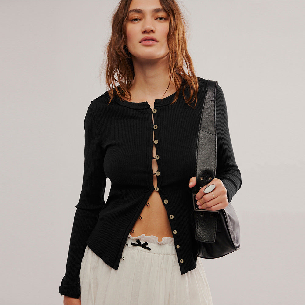 Ribbed Long Sleeve Top With Button Front - Form-Fitting Street-wave For Women, Everyday Essential