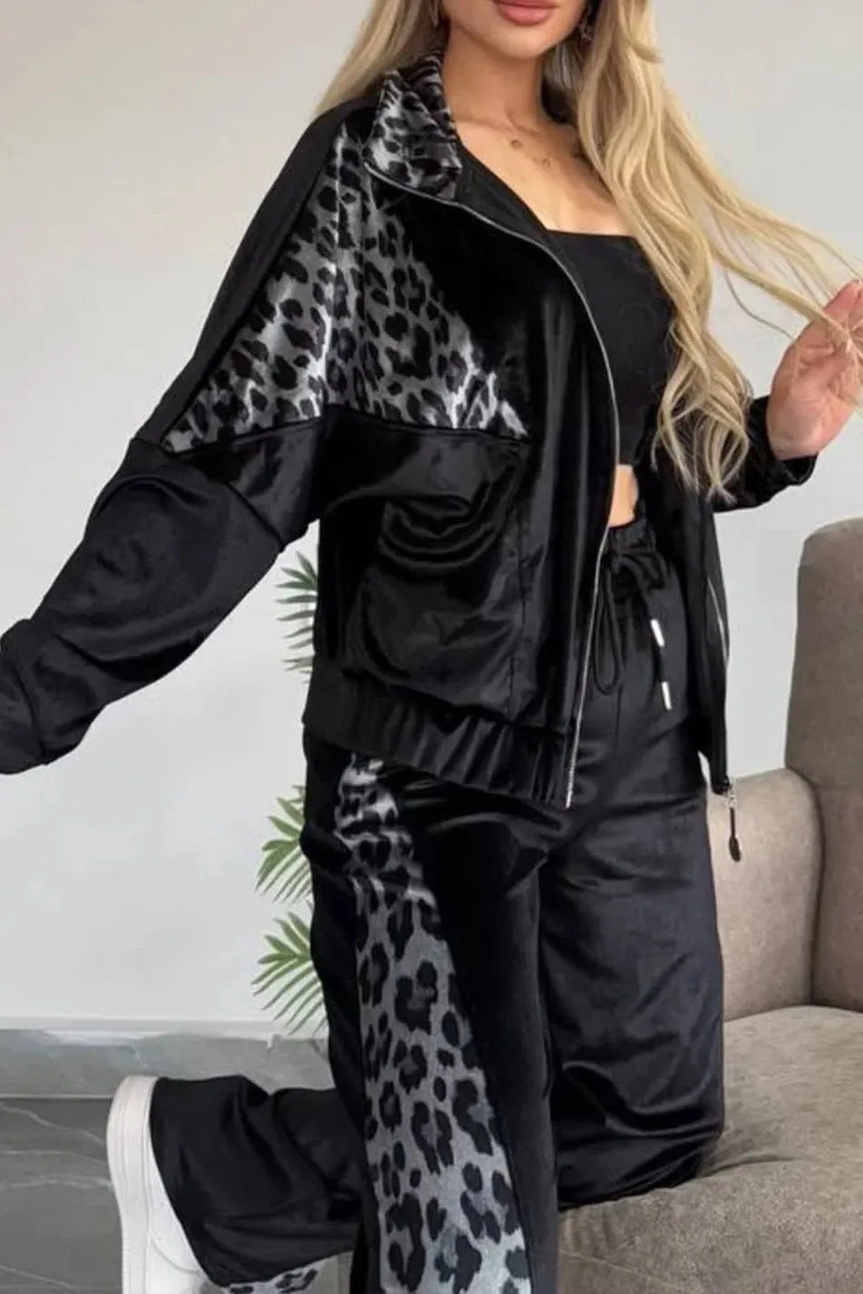Street-Wave Leopard Print Faux Leather Two-Piece Set for Women With Luxurious Velvet-Look Finish and Wide-Leg Pants