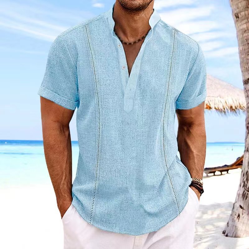 Street-Wave Mens Linen Short Sleeve Shirt Breathable Lightweight Casual Vacation Wear