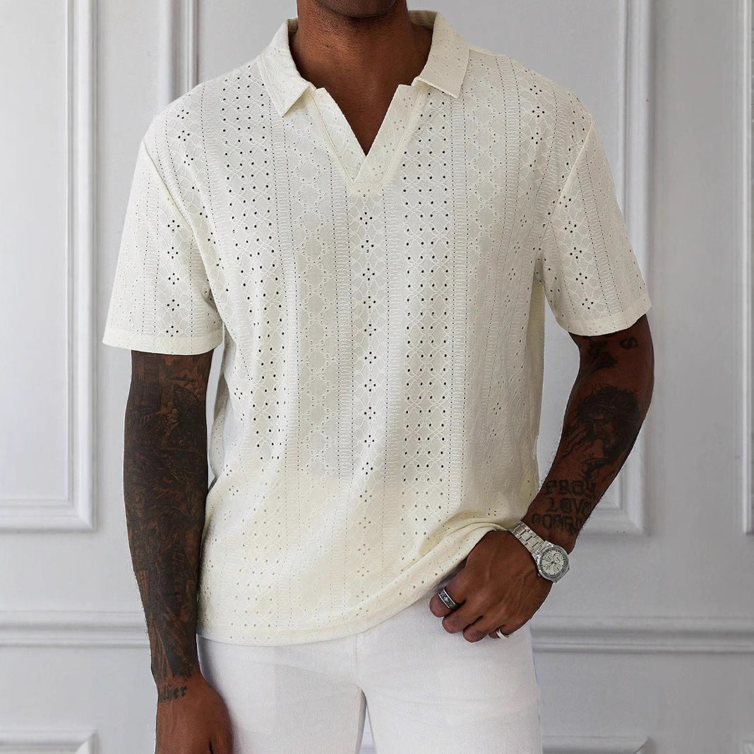 Men's Knit Jacquard Lace Short Sleeve T Shirt Relaxed Fit Cream White By Street-Wave Nordic Flair