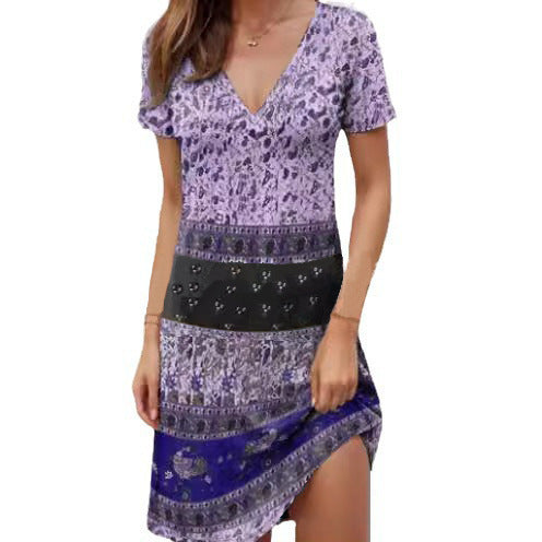 Street Wave Boho Patchwork Cotton Dress Deep V For Women