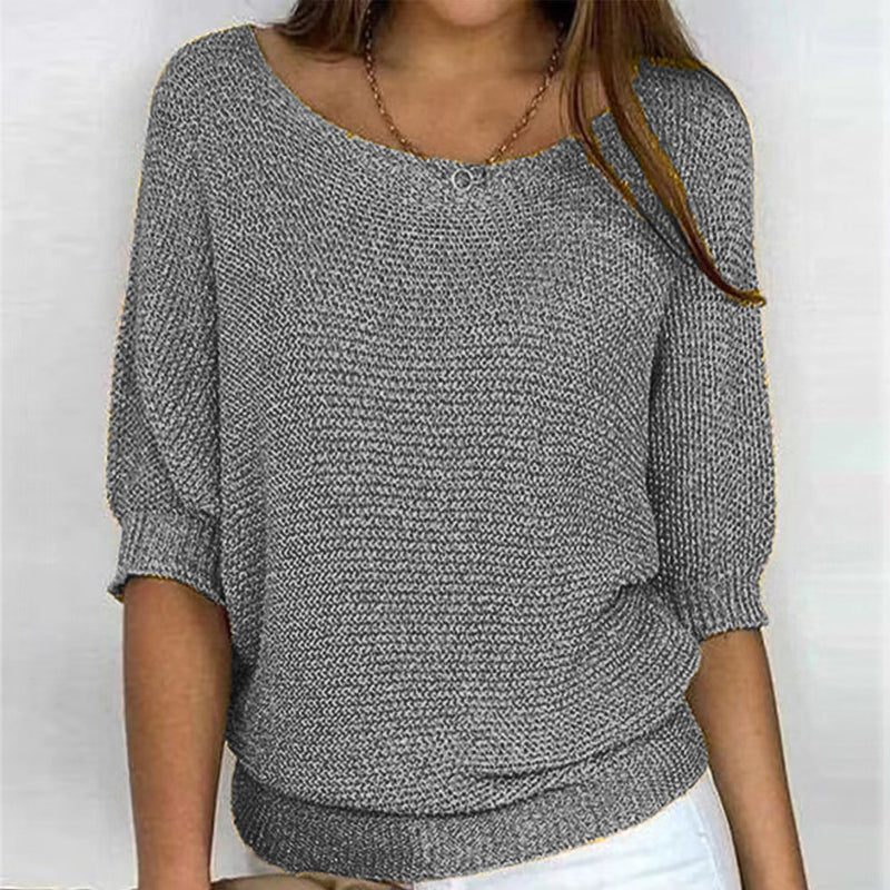 Street-wave Solid Color Knit Pullover for Women with Three-Quarter Sleeves, Cotton-Acrylic Blend