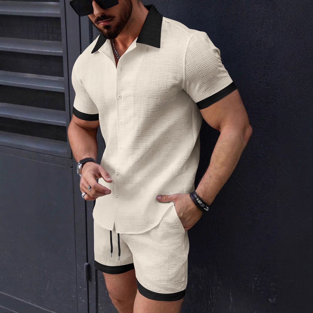 Mens Jacquard Texture Shirt And Shorts Set With Lapel Collar And Drawstring Waist Relaxed Fit