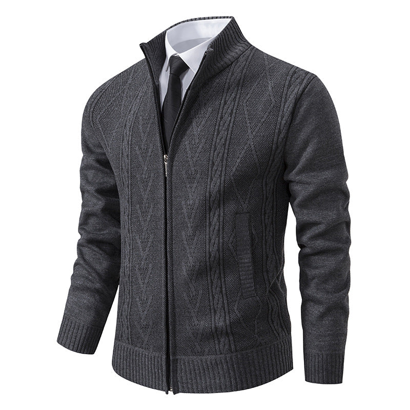 Mens Knit Cardigan Street-Wave Cable Knit Pattern With High Collar For Warmth And Style