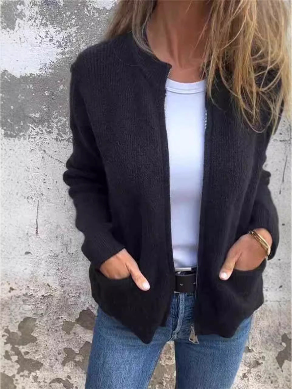 Street-Wave Women's Zipper Jacket With Relaxed Fit Rib Knit Stand Collar And Practical Pockets