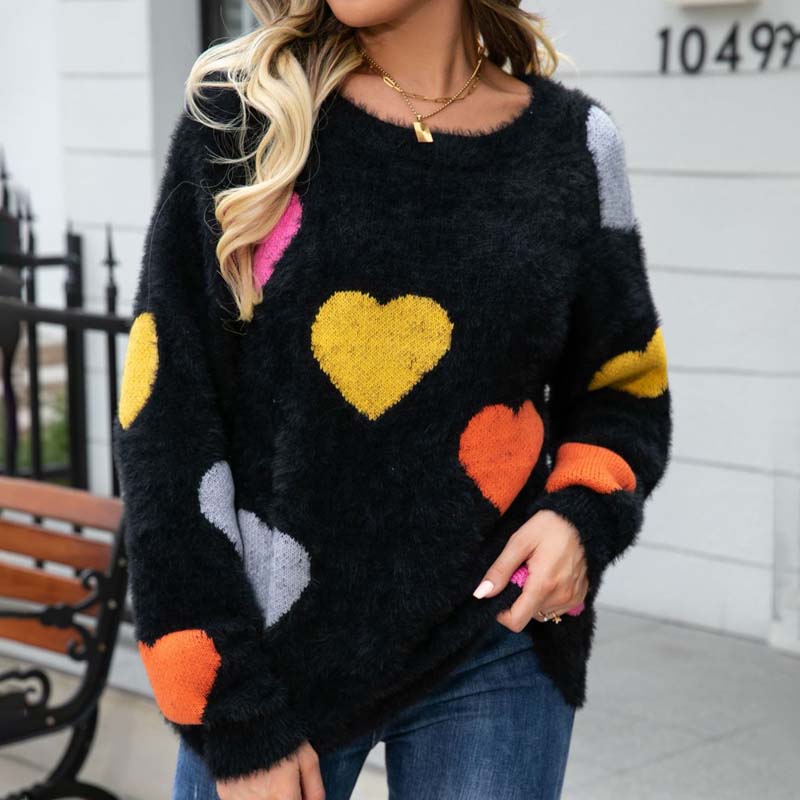 Street-wave Cozy Fuzzy Knit Sweater With Cute Heart Pattern For Women Casual Wear All Seasons