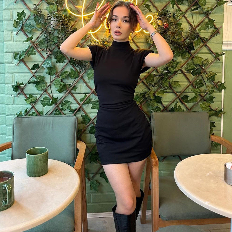 Streetwave Bodycon Short Sleeve Dress With Stand Collar And Ruched Waist For Women