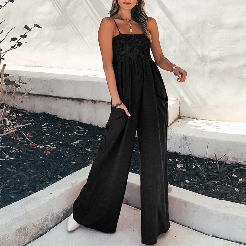 Street-Wave Women Jumpsuit Relaxed Fit Spaghetti Straps Ankle Length Pockets
