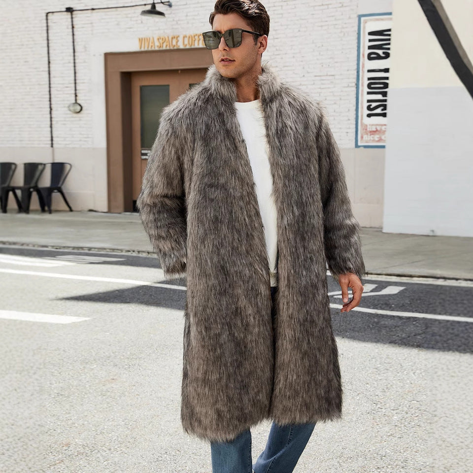 Street-wave Men's Faux Fur Long Coat - Elegant Cozy Winter Warmth for Modern Gentlemen