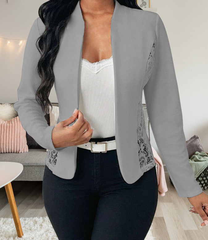 Street-wave Elegant Lace Accent Blazer Jacket For Women, Chic Versatile Office To Evening Wear