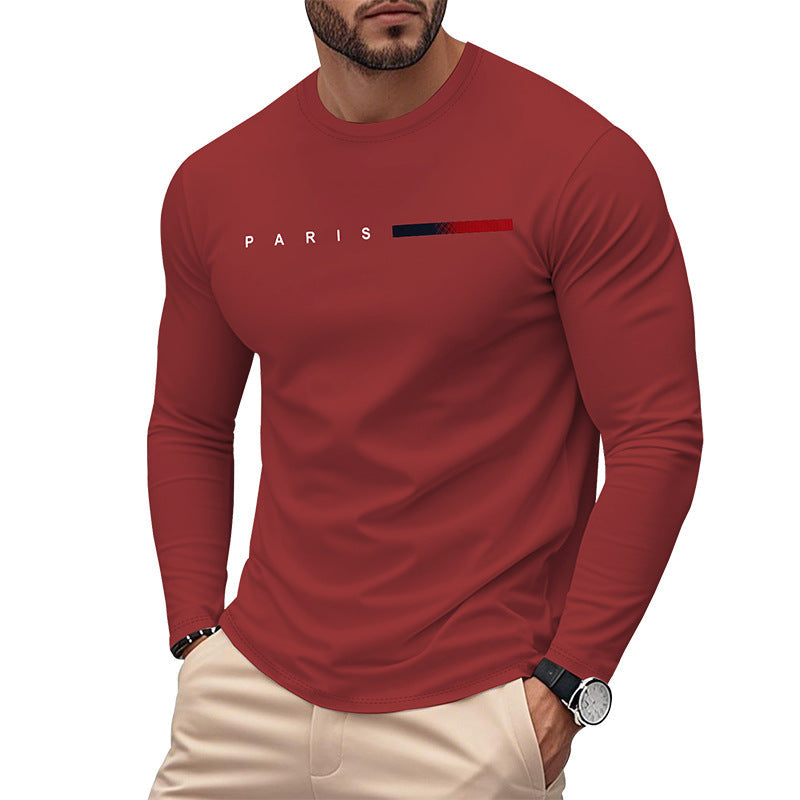 Street Wave Paris Print Long Sleeve Tee For Men With Elastic Hem And Breathable Cotton