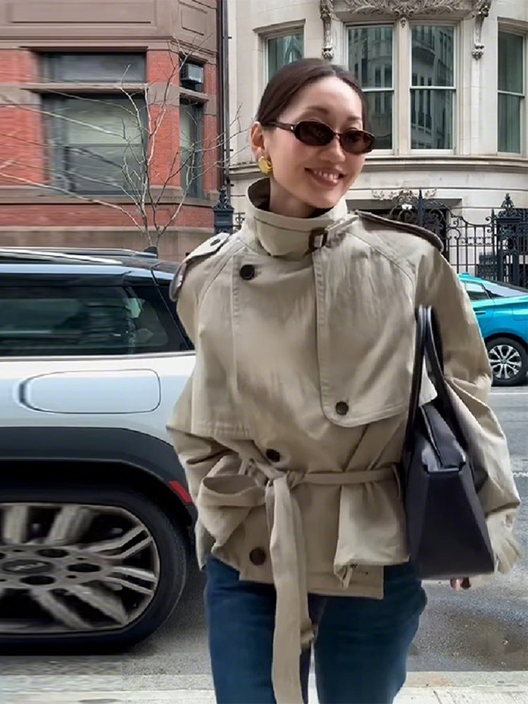 Street-Wave Women Short Jacket With High Collar And Adjustable Waist Belt Chic Transitional Outerwear