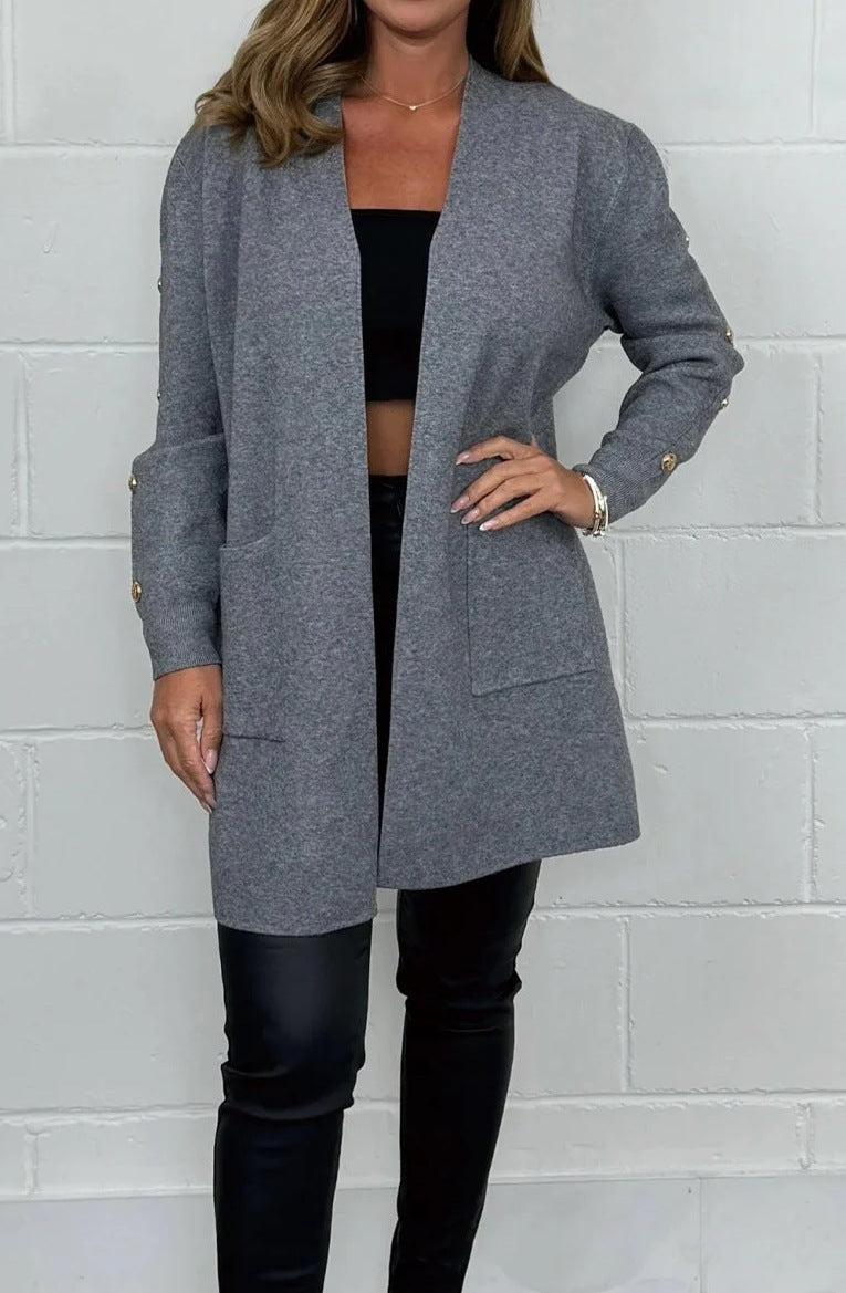 Street-wave Womens Elegant Knit Cardigan With Button Details And Pockets Timeless Chic Outerwear