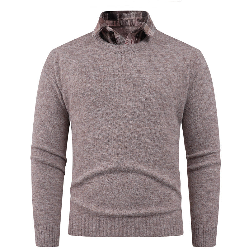 Street-wave Men's Fine Knit Crew Neck Pullover With Integrated Shirt Collar Breathable Cotton Blend