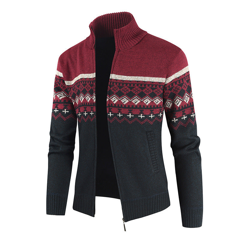 Street-Wave Men's Knit Cardigan With Geometric Pattern And High Collar Breathable Cotton