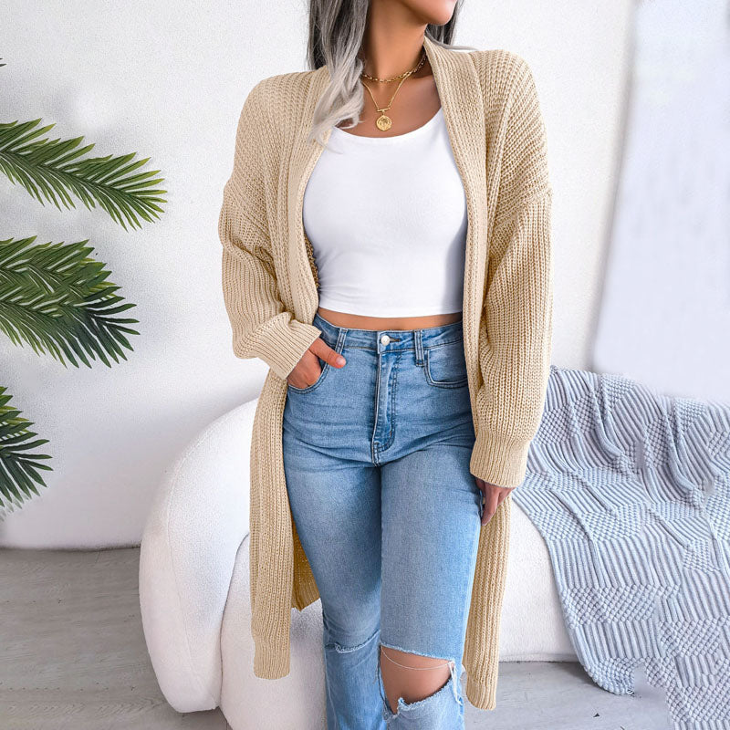 Street-wave Solid Knit Cardigan for Elegant Women With Wrap Collar Cotton Acrylic Blend Long Sleeve All Season