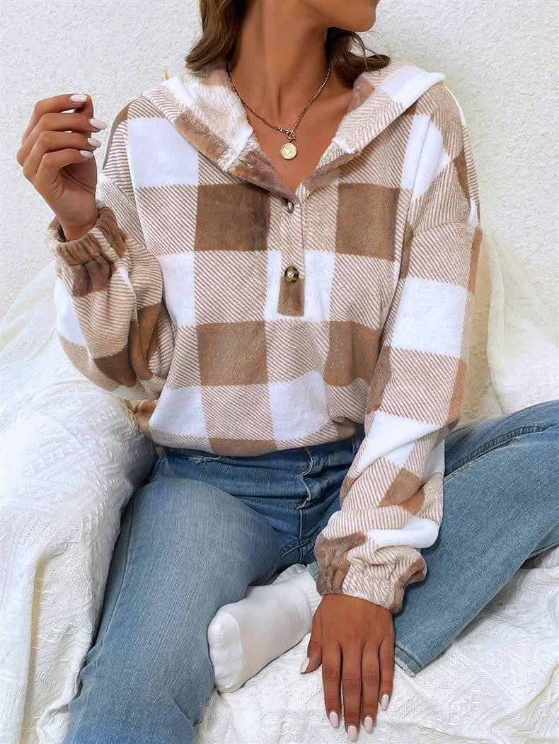 Street-Wave Women's Plaid Hoodie Blouse Cozy Relaxed Fit Casual Top For Everyday Style