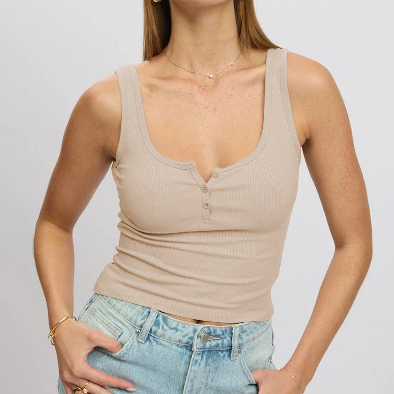 Street-Wave Women's Ribbed Tank Top With Button Placket And Wide Scoop Neck Flattering Fit All Day Comfort