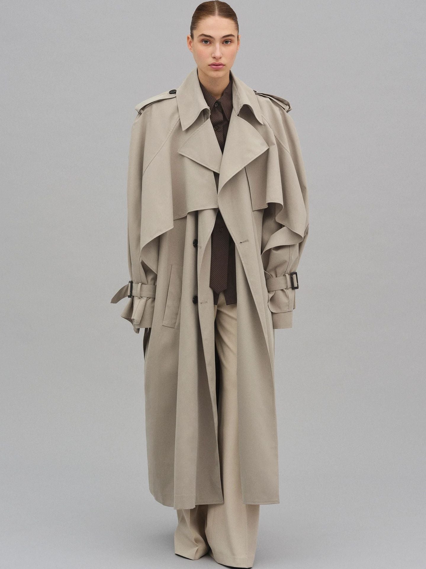 Womens Oversized Trench Coat With Draped Detailing By Street Wave Weatherproof Fabric For Fashionable Women