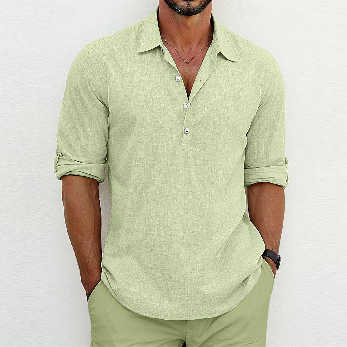 Street-Wave Mens Casual Long Sleeve Shirt With Button Placket Modern Fit Breathable Cotton Blend