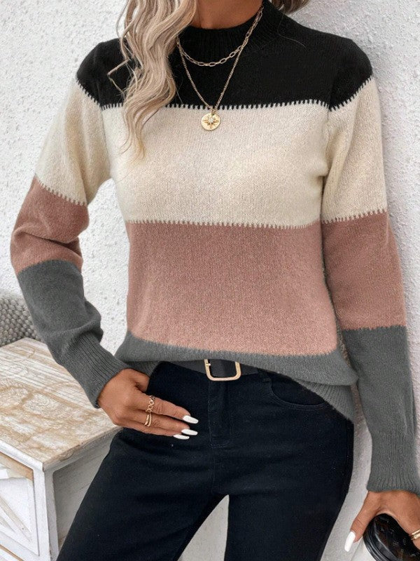 Street Wave Women Color Block Knit Sweater Crewneck Cozy Transitional Fashion Essential For Fall