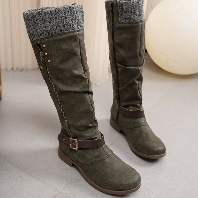 Street-Wave Plus-Size Leather Knee-High Boots With Side Zip And Low Block Heel For All-Day Comfort