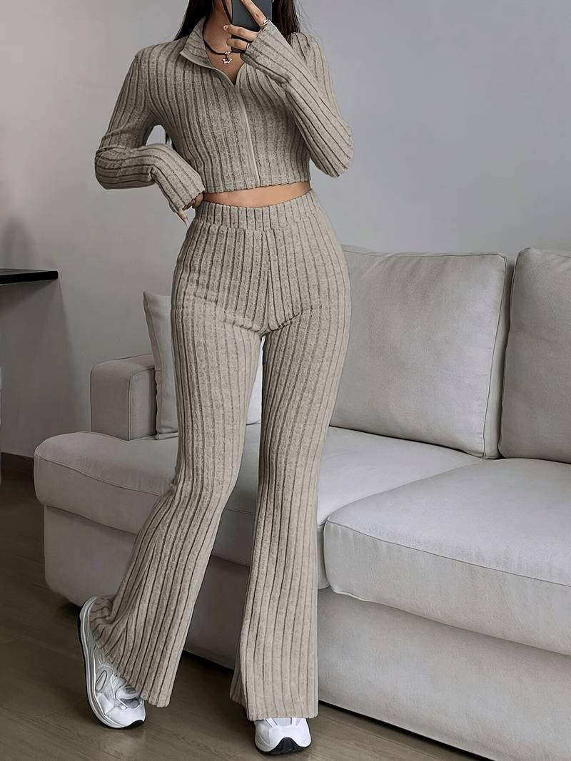 Street-wave Rib Knit Two-Piece Set For Women Cropped Top With Flared Pants Casual Chic Comfort