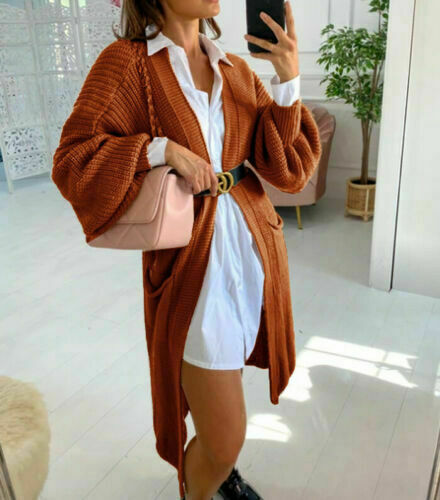 Street-wave Women’s Long Knit Cardigan With Chunky Knit Texture And Practical Pockets