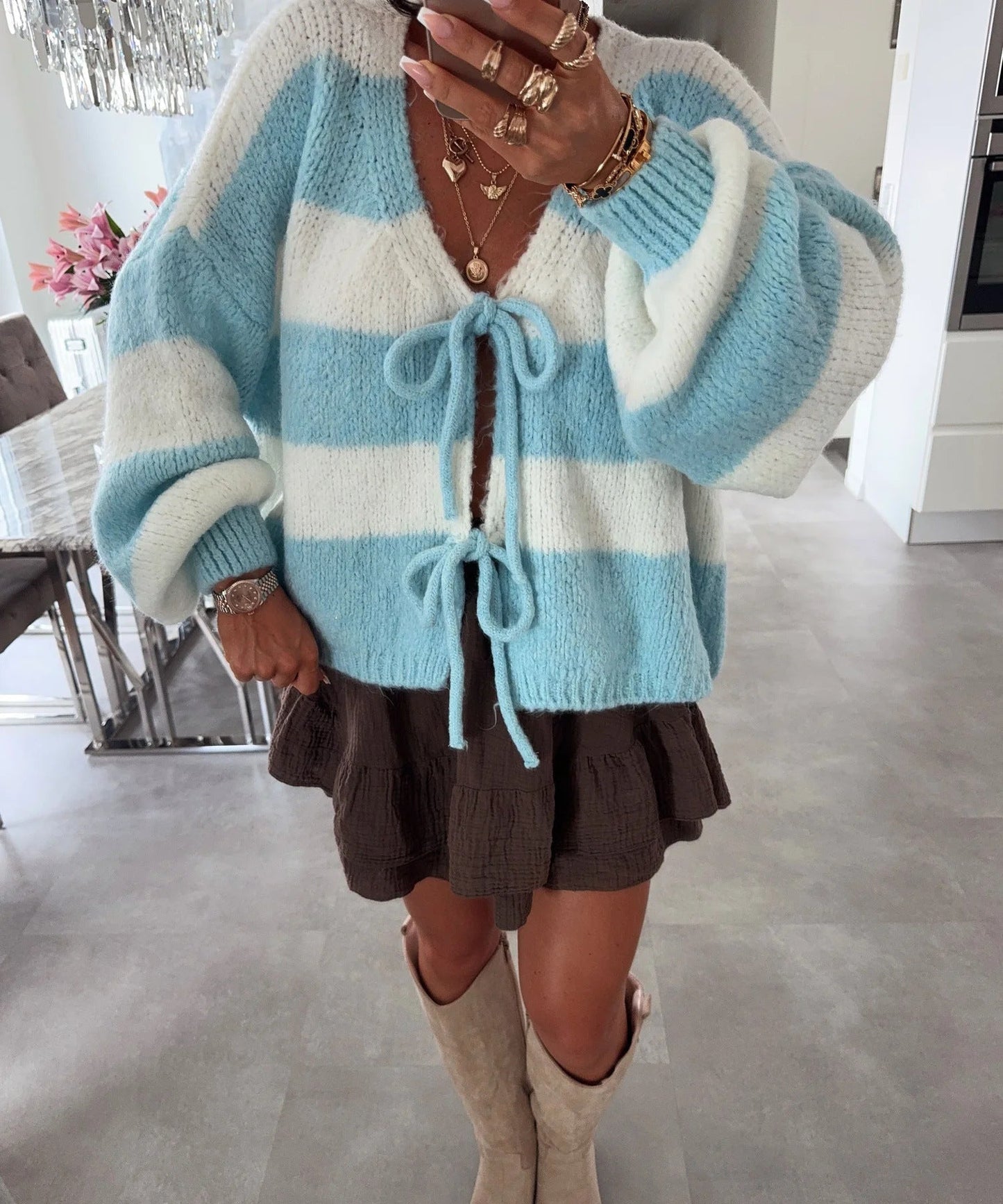Streetwave Womens Striped Knit Cardigan With Loose Fit And Tie Belt For Everyday Style