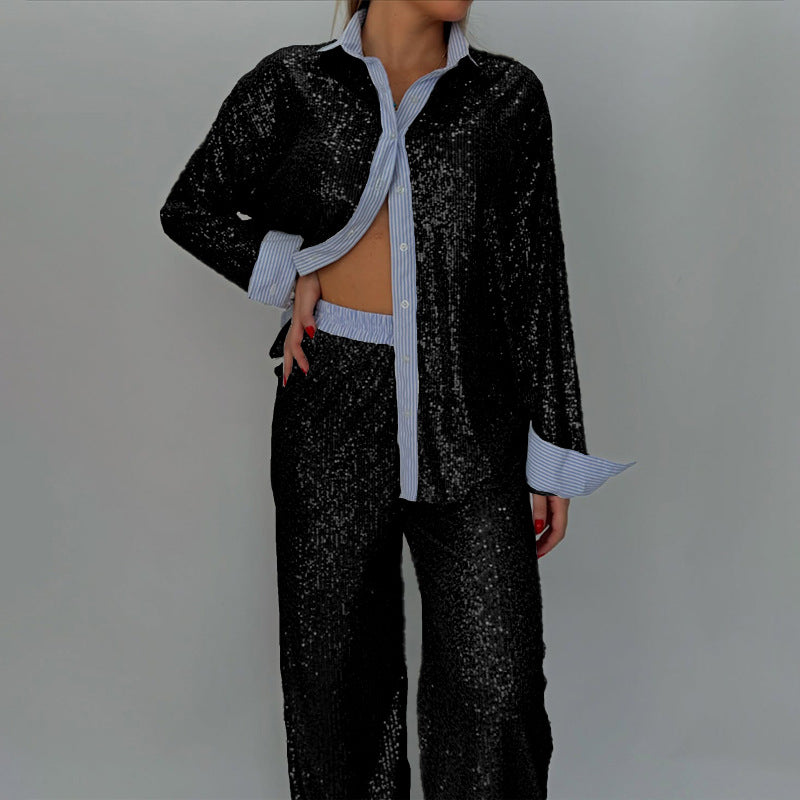 Street Wave Sequin Two Piece Suit Set With Loose Blazer And Wide Leg Pants For Party Glam