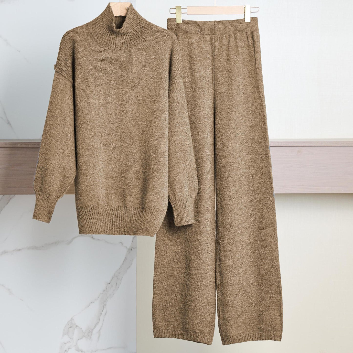 Street-Wave Women's Cozy High-Neck Knit Set With Relaxed Wide-Leg Pants For Effortless Style