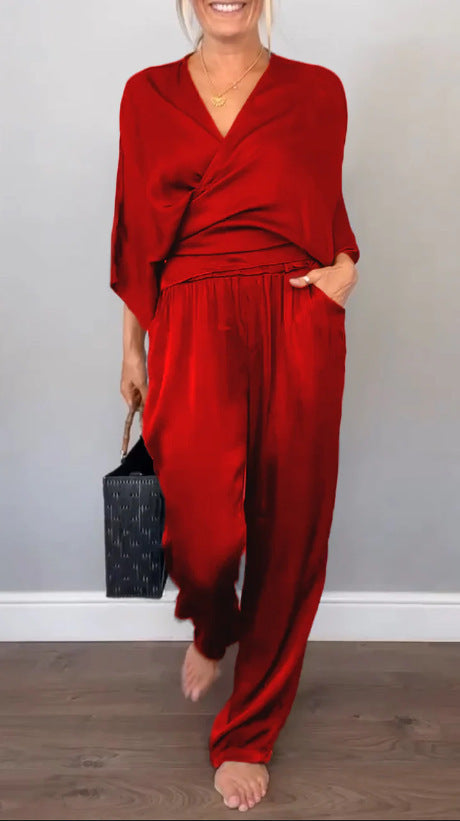 Street Wave Elegant Women Two Piece Satin Set For Office Or Evening Wear Versatile Chic Comfort
