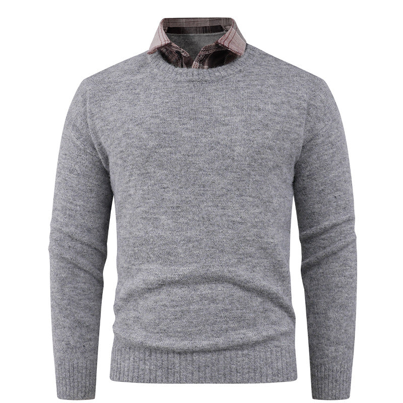 Street-wave Men's Fine Knit Crew Neck Pullover With Integrated Shirt Collar Breathable Cotton Blend
