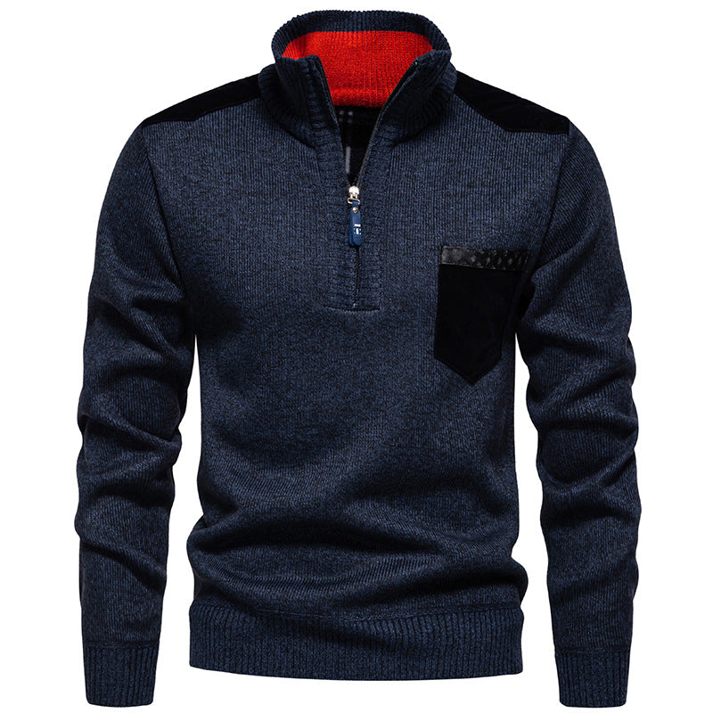 Street-Wave Men's Stand Collar Sweater With Contrast Details And Chest Pocket - Premium Warmth And Style