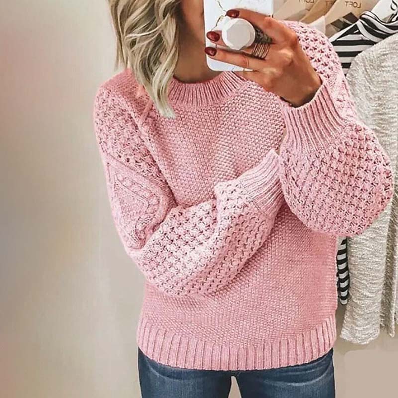Street-Wave Solid Knit Pullover For Women Cozy Cotton Cashmere Blend All-Season Lantern Sleeves