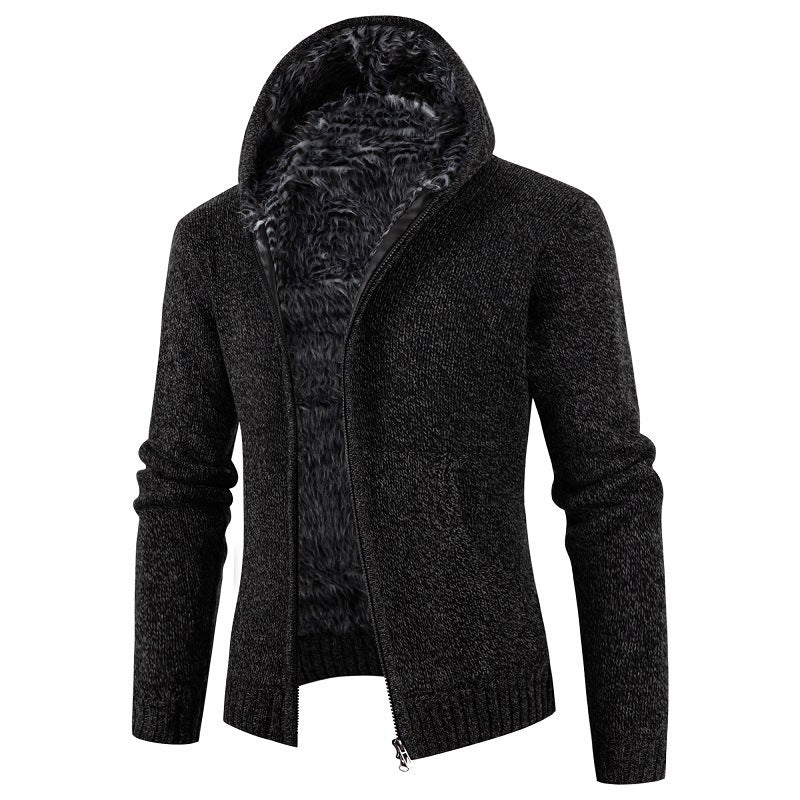 Street-wave Men's Knit Cardigan With Hood And Soft Inner Fleece Lining For Cozy Warmth