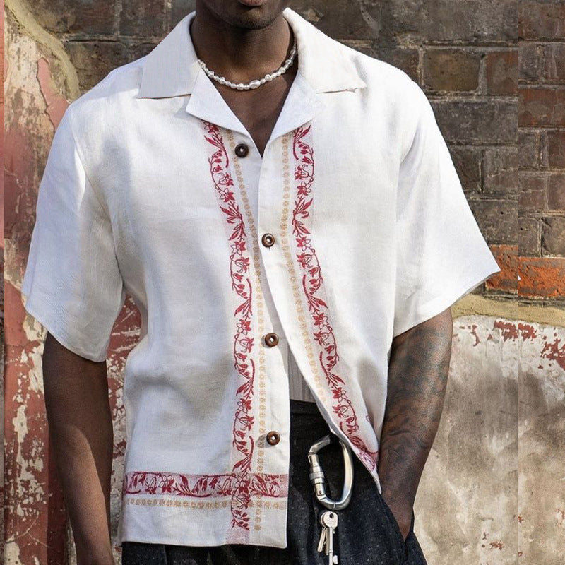 Effortless Mens Linen Blend Shirt With Embroidered Trim Street Wave Relaxed Fit