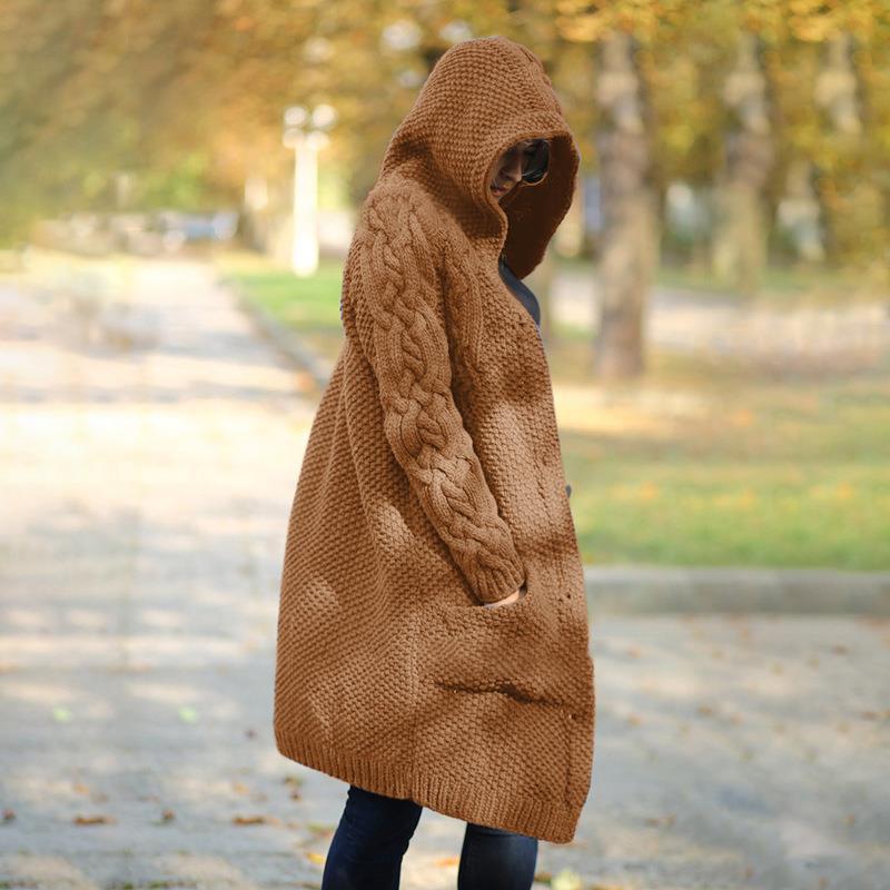 Street-wave Women Knit Cardigan Coat With Hood Cozy Cable Knit Button Front Pockets Chic Everyday