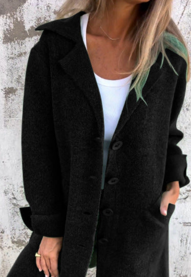 Street-Wave Mid-Length Wool-Look Coat For Women, Relaxed Fit, Revers Collar, Single-Button Closure