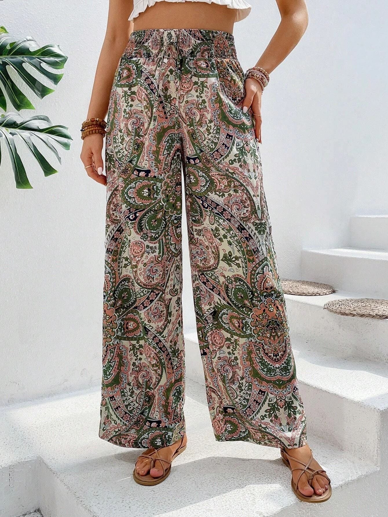 Nordisk-Flair Women Wide-Leg Pants Boho Print Light Drape Elastic Waist