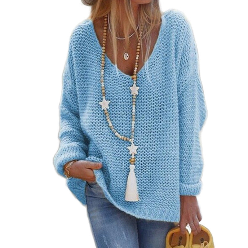 Street-Wave Womens Chunky Knit Sweater With Deep V-Neck Breathable Cotton Cozy Casual Fit