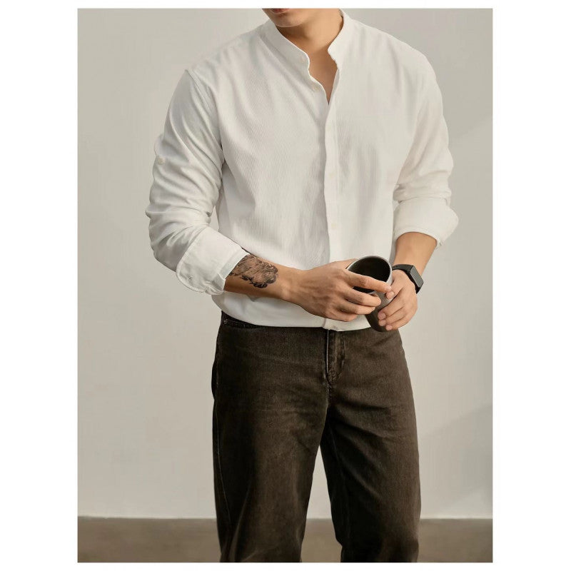 Street-Wave Men's Mandarin Collar Shirt In Fine Striped Fabric Modern Fit Comfortable Everyday Wear